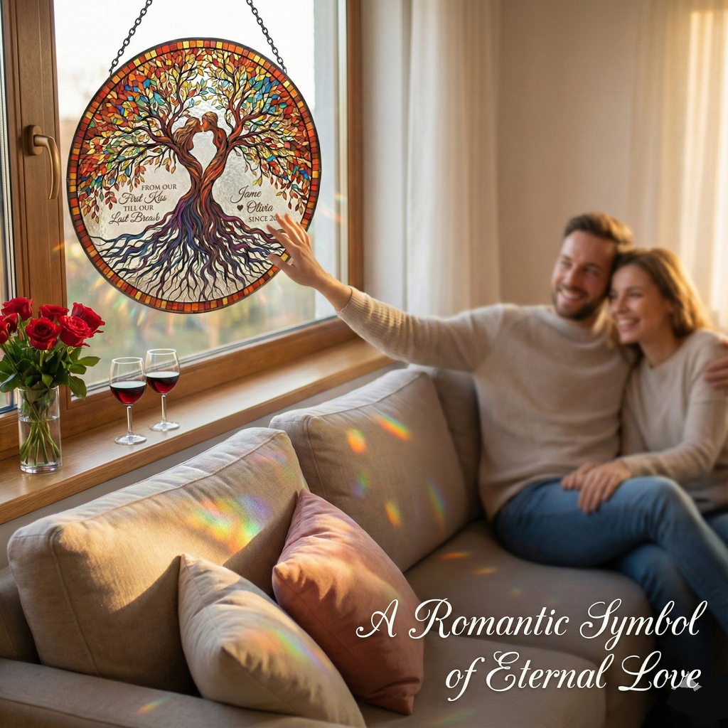 Personalized Tree of Life Stained Glass Suncatcher for Couple, Custom Name and Year