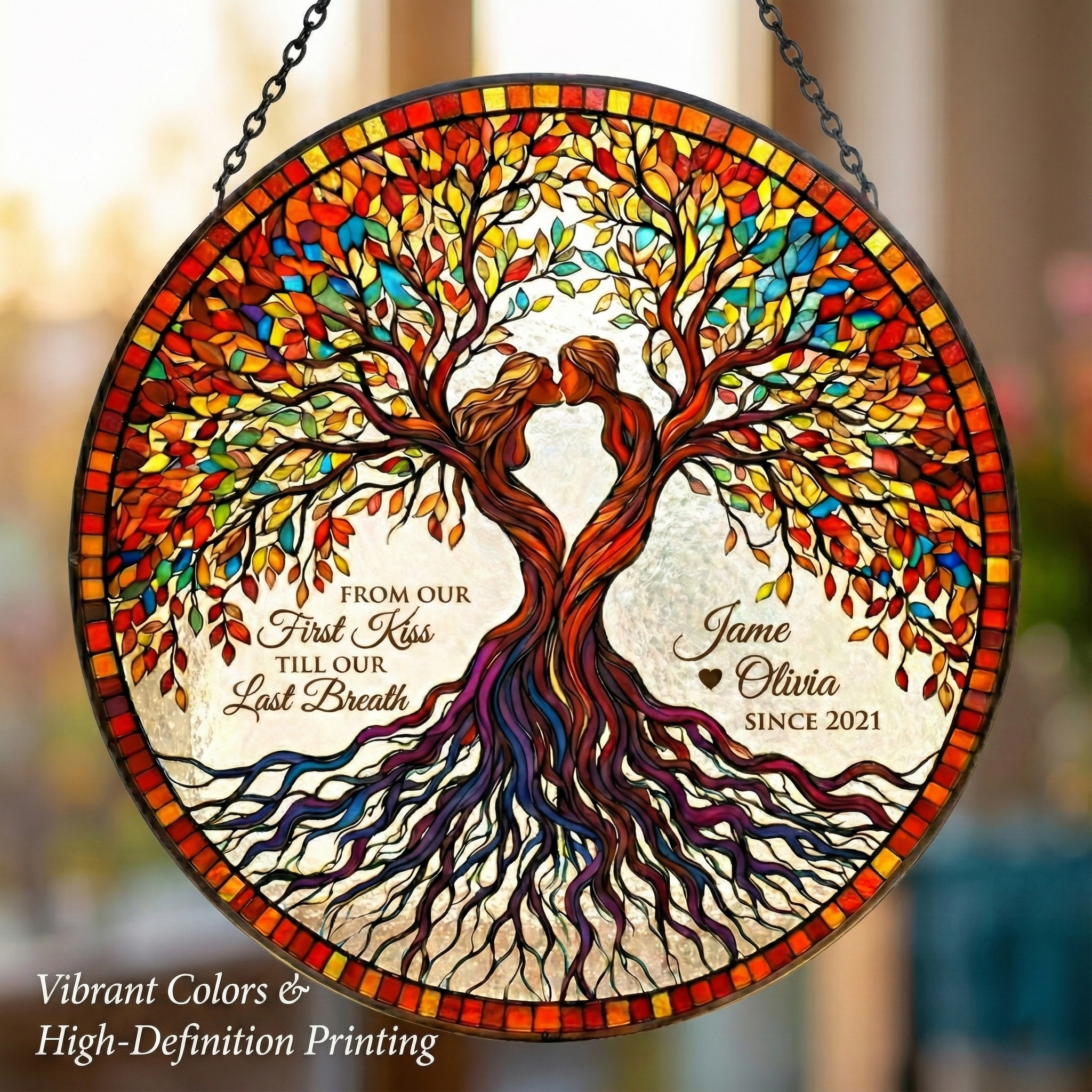 Personalized Tree of Life Stained Glass Suncatcher for Couple, Custom Name and Year