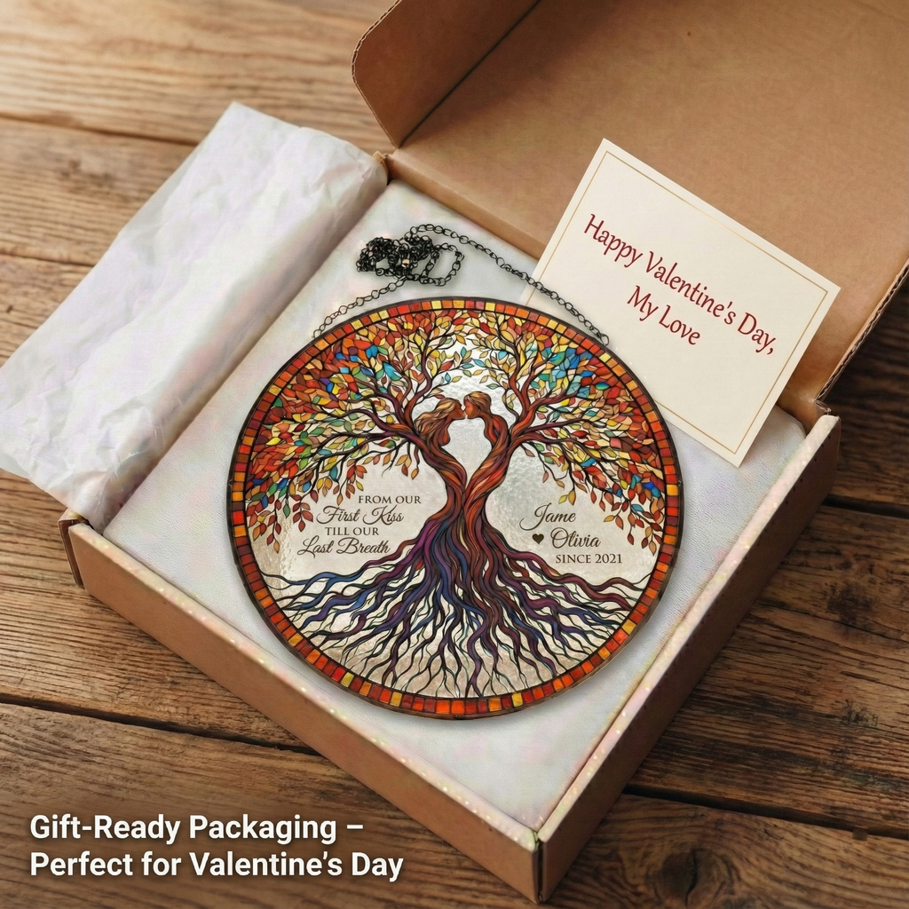 Personalized Tree of Life Stained Glass Suncatcher for Couple, Custom Name and Year