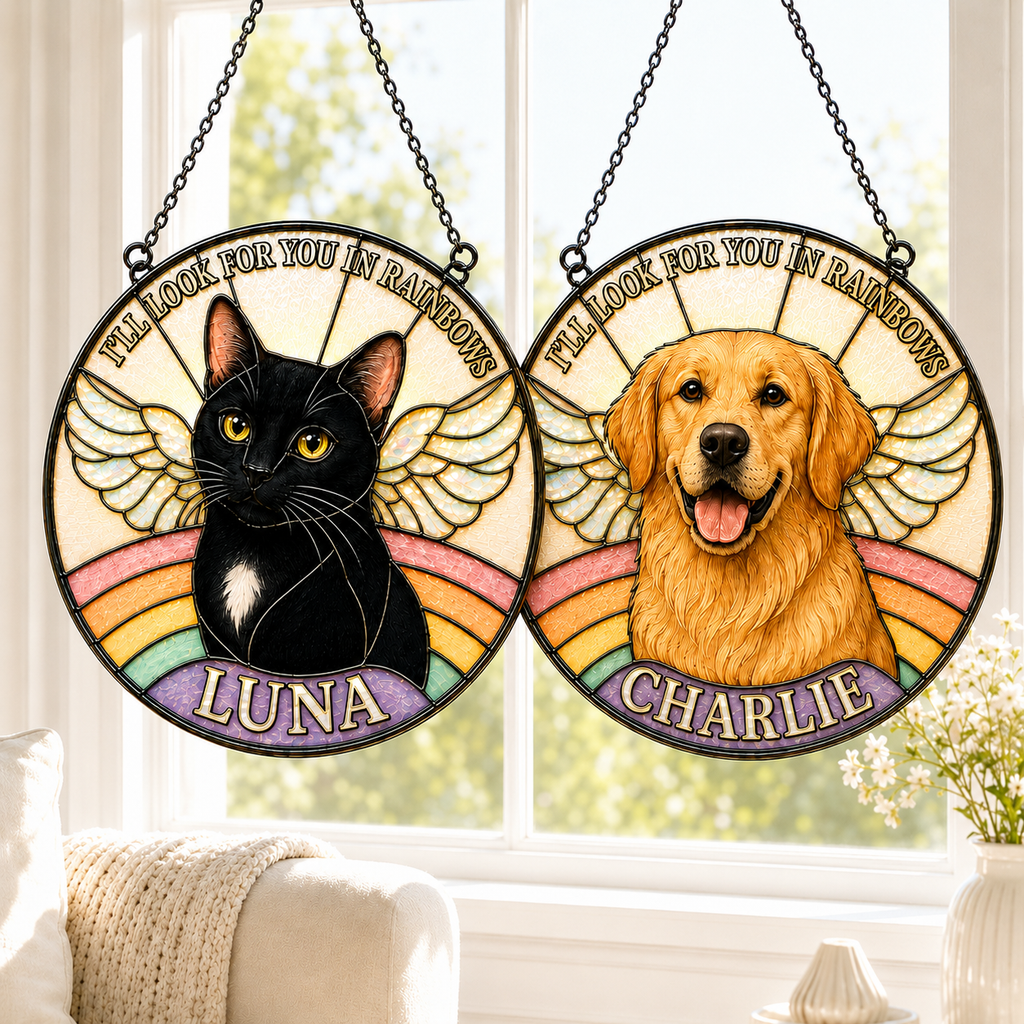 Two circular pet memorial windows with a black cat named Luna and a golden retriever named Charlie, featuring rainbow designs.