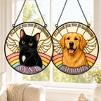 Two circular pet memorial windows with a black cat named Luna and a golden retriever named Charlie, featuring rainbow designs.