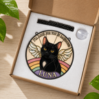 Personalized black cat memorial glass suncatcher packed in a protective gift box with chain, suction cup, and soft foam insert for safe delivery.