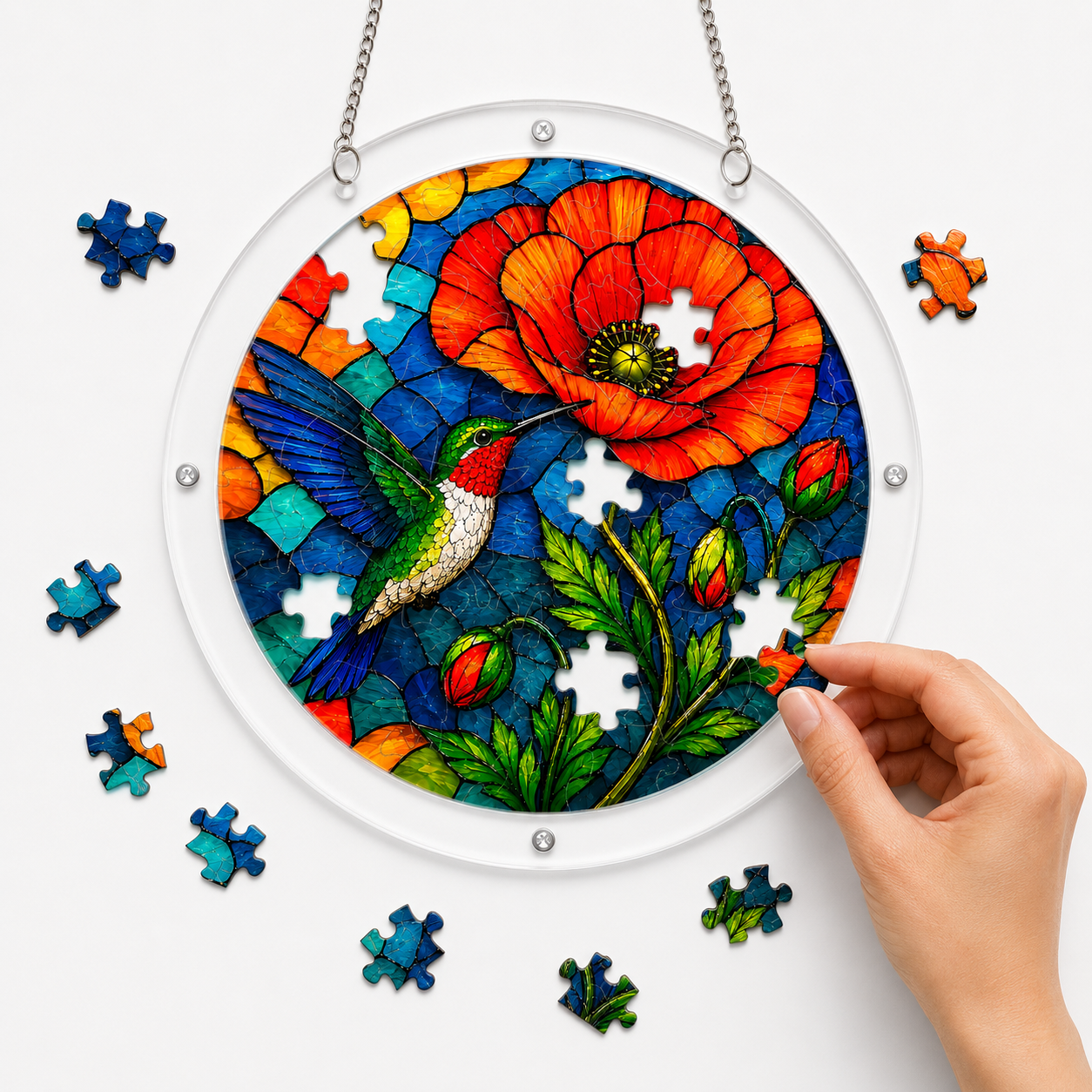 Hands assembling a hummingbird poppy acrylic jigsaw puzzle suncatcher with small colorful puzzle pieces