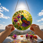 Hummingbird and fuchsia flower puzzle suncatcher held outdoors against a bright blue sky and garden background