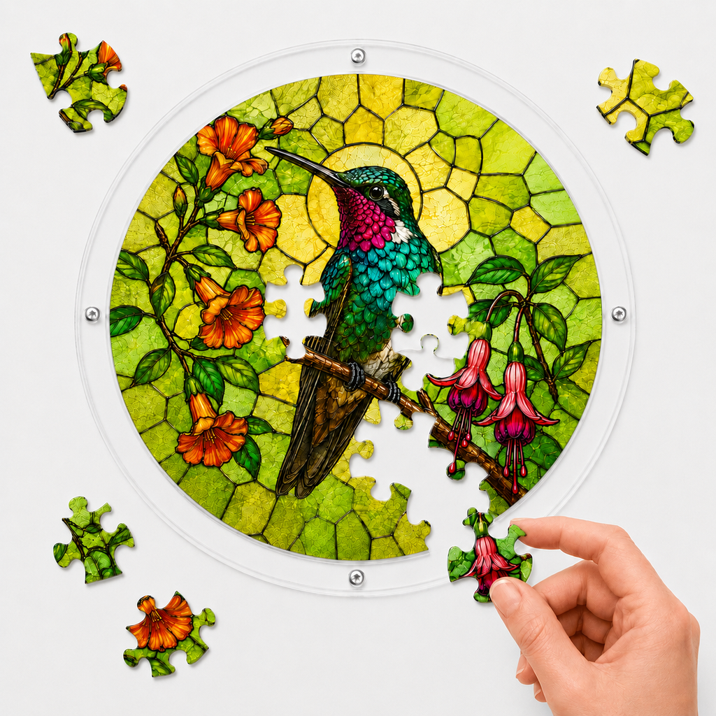 Hand assembling a 64-piece hummingbird and bellflower acrylic puzzle suncatcher