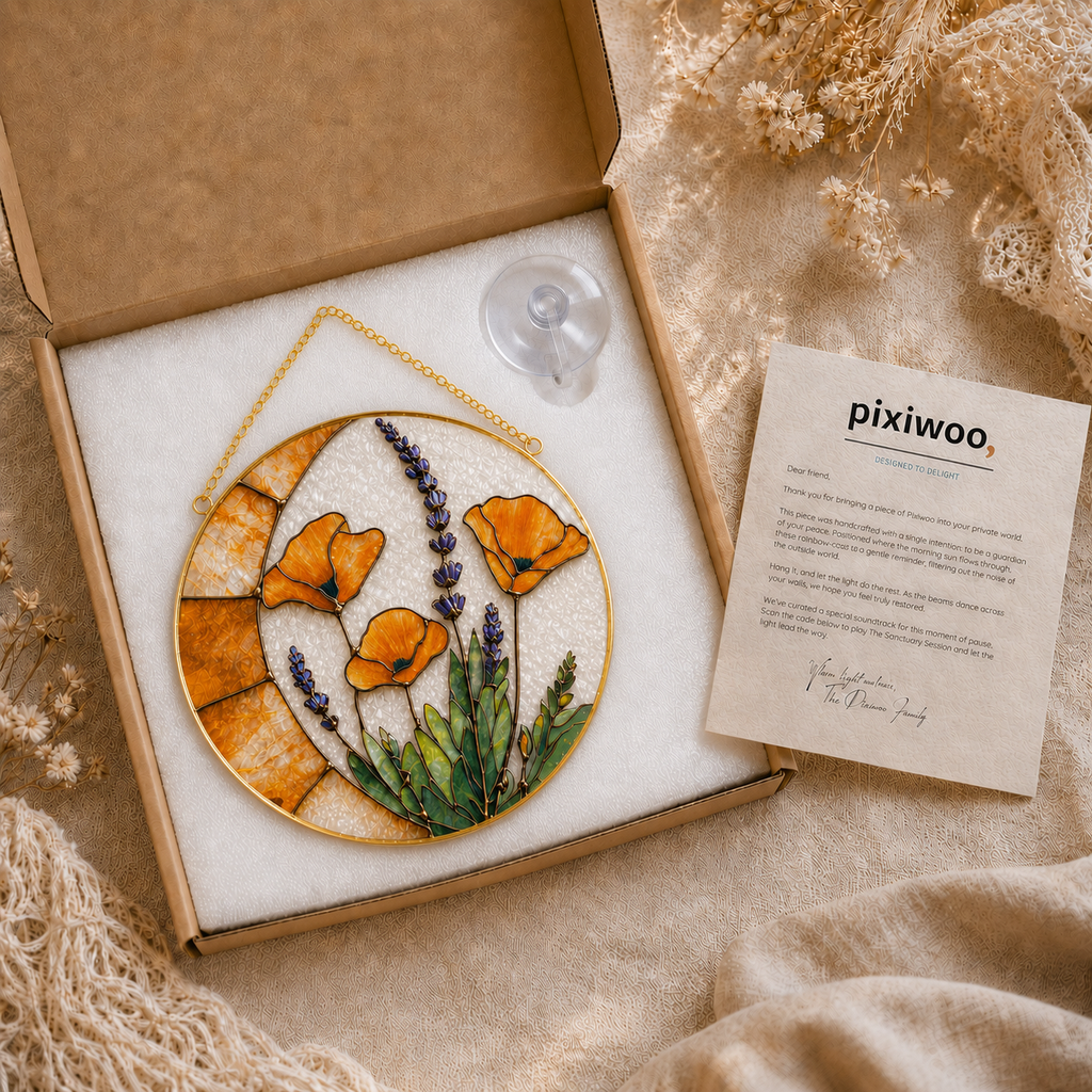 Decorative floral design in a box with 'pixiwoo' storytelling card on a textured surface