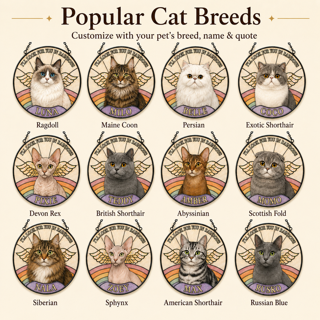 Popular cat breed options for custom pet memorial suncatcher including Ragdoll, Maine Coon, Persian, Exotic Shorthair, Devon Rex, British Shorthair, Abyssinian, Scottish Fold, Siberian, Sphynx, American Shorthair, Russian Blue, Norwegian Forest Cat, Oriental Shorthair, and Bengal.