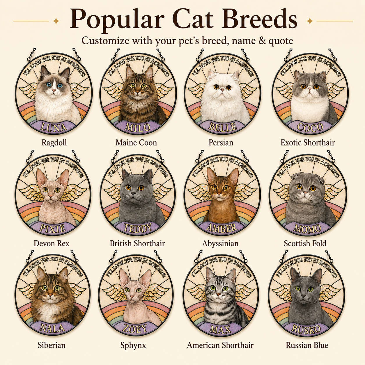 Popular cat breed options for custom pet memorial suncatcher including Ragdoll, Maine Coon, Persian, Exotic Shorthair, Devon Rex, British Shorthair, Abyssinian, Scottish Fold, Siberian, Sphynx, American Shorthair, Russian Blue, Norwegian Forest Cat, Oriental Shorthair, and Bengal.
