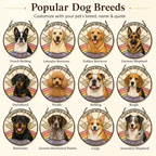 Popular dog breed options for custom pet memorial suncatcher including French Bulldog, Labrador Retriever, Golden Retriever, German Shepherd, Dachshund, Poodle, Bulldog, Beagle, Rottweiler, Corgi, and Australian Shepherd.