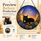 Artwork preview process for personalized pet moon memorial suncatcher, showing pet photo, finished design preview, and approval before production.