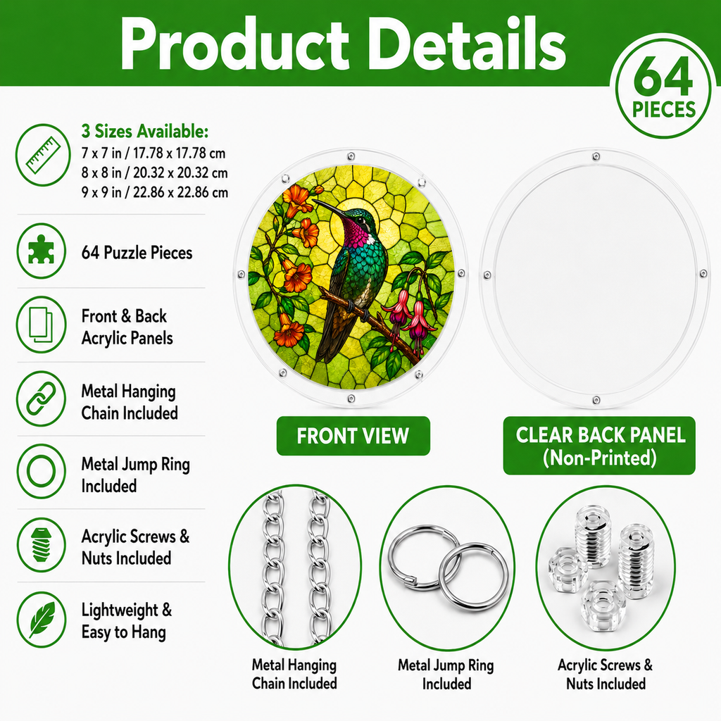 Product details of Hummingbird Bellflower round acrylic jigsaw puzzle suncatcher