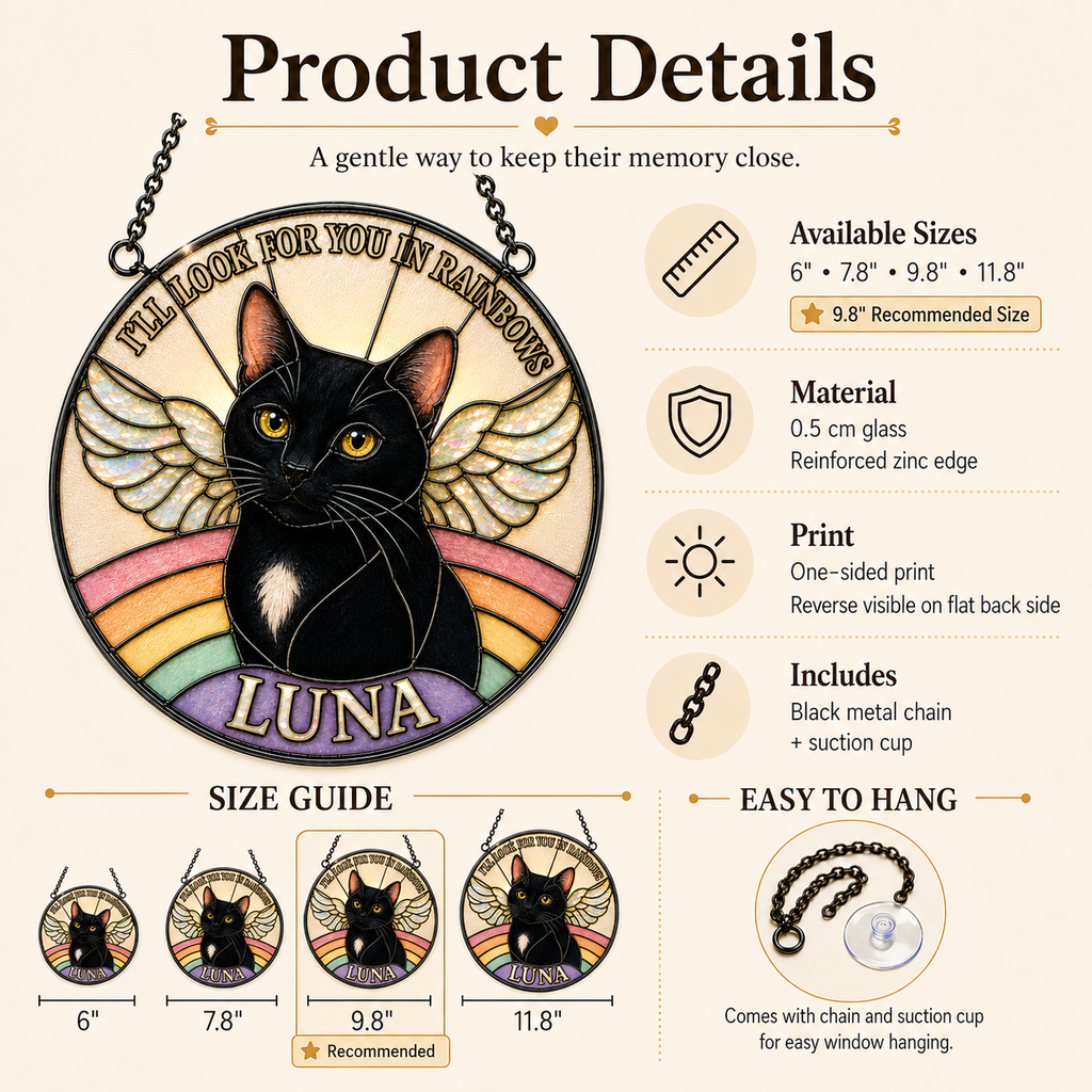 Product details image for personalized pet memorial glass suncatcher showing available sizes, 0.5 cm glass material, reinforced zinc edge, chain, suction cup, and size guide.