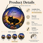Product details infographic for personalized pet moon glass suncatcher showing available sizes, 0.5 cm glass, reinforced zinc edge, black chain, suction cup, and 9.8 inch recommended size.