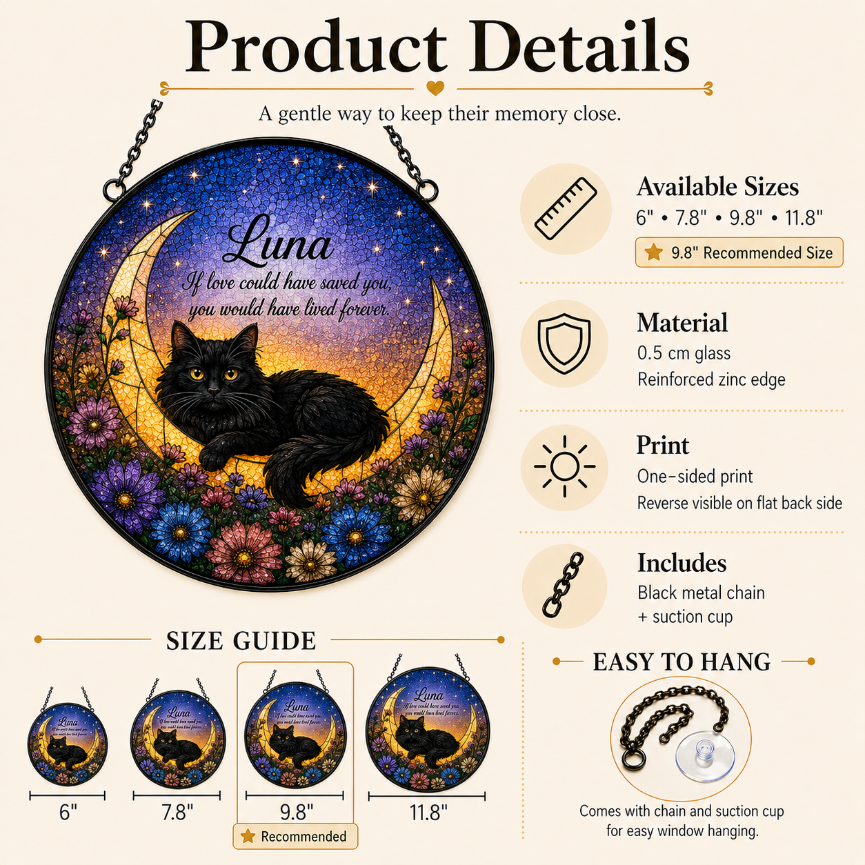 Product details infographic for personalized pet moon glass suncatcher showing available sizes, 0.5 cm glass, reinforced zinc edge, black chain, suction cup, and 9.8 inch recommended size.
