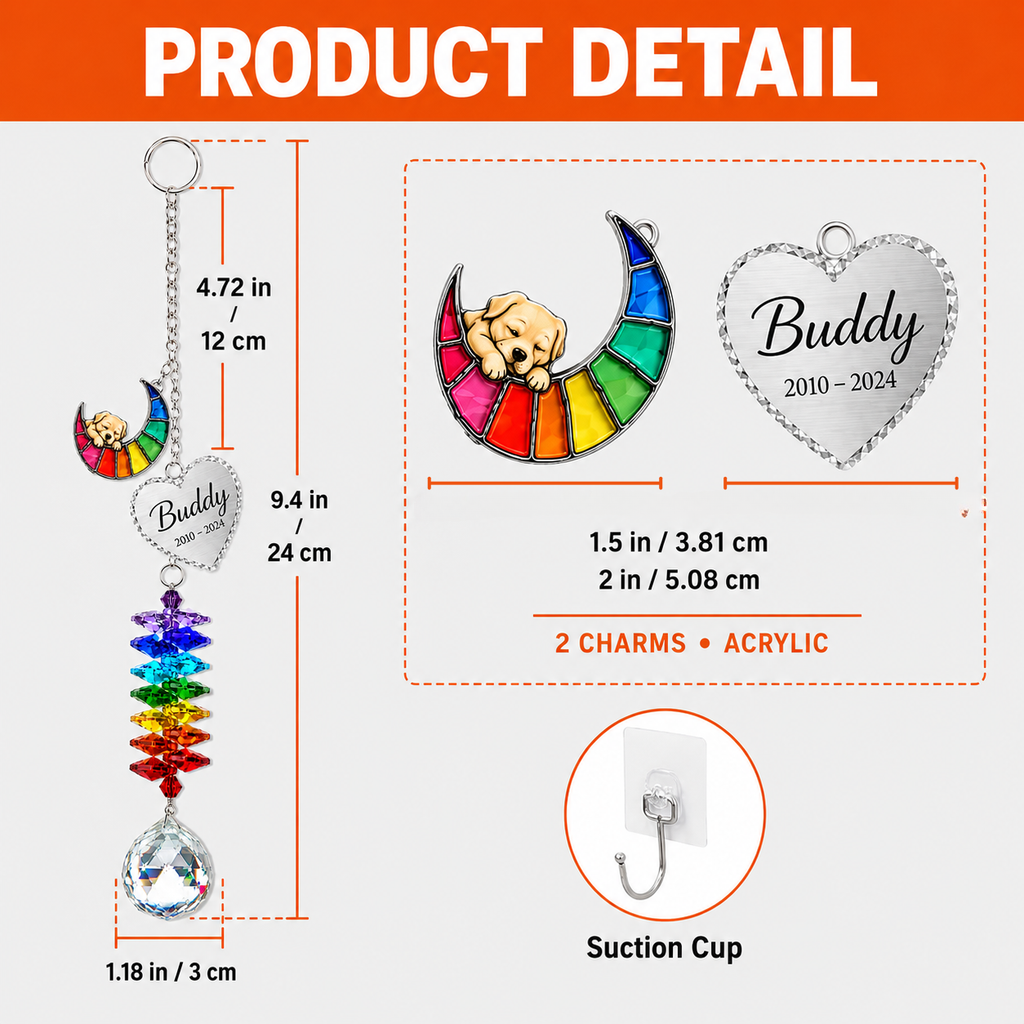 Product detail image of personalized dog memorial suncatcher showing charm size, full hanging length, crystal ball size, acrylic charms, and suction cup hook