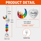 Product detail image of personalized dog memorial suncatcher showing charm size, full hanging length, crystal ball size, acrylic charms, and suction cup hook
