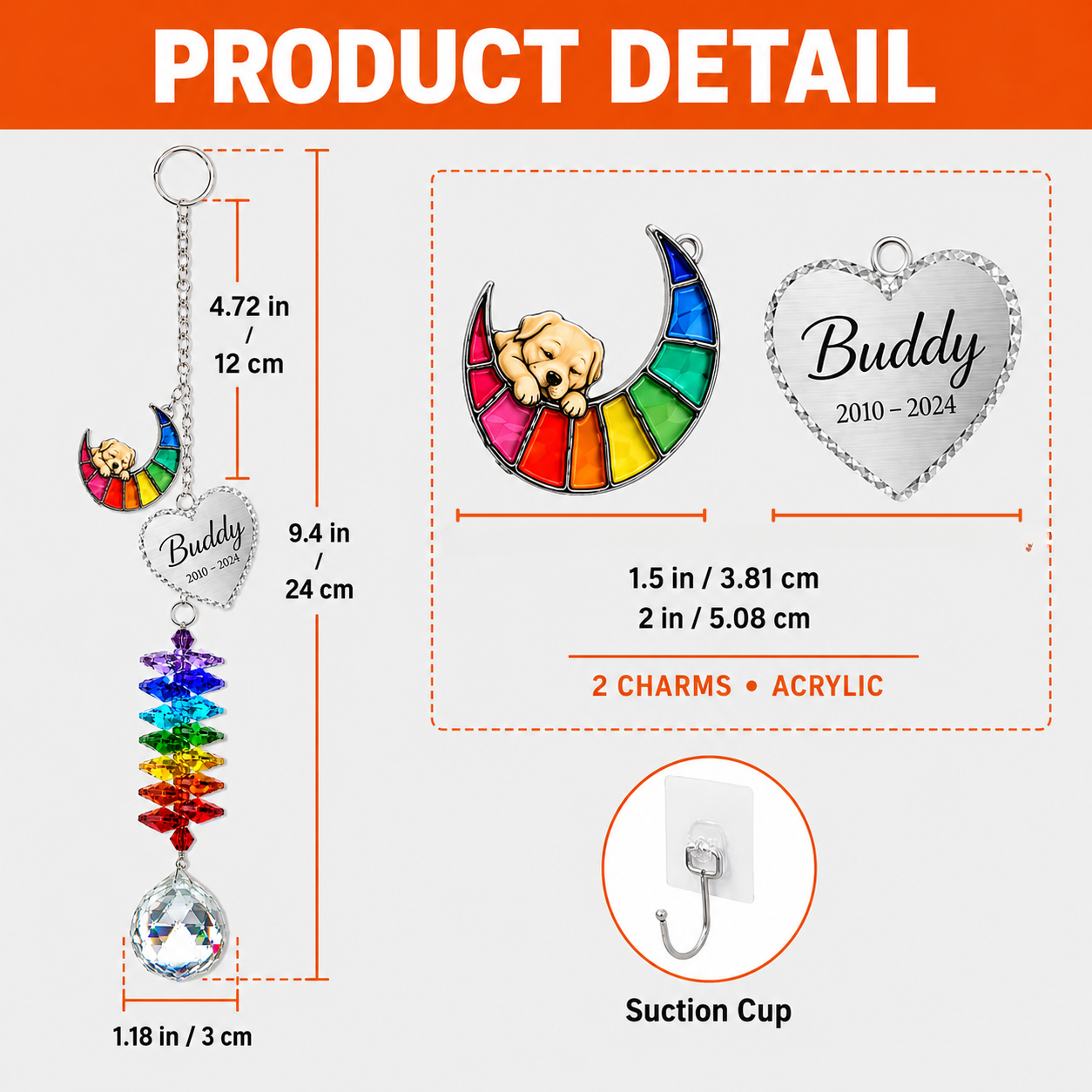 Product detail image of personalized dog memorial suncatcher showing charm size, full hanging length, crystal ball size, acrylic charms, and suction cup hook