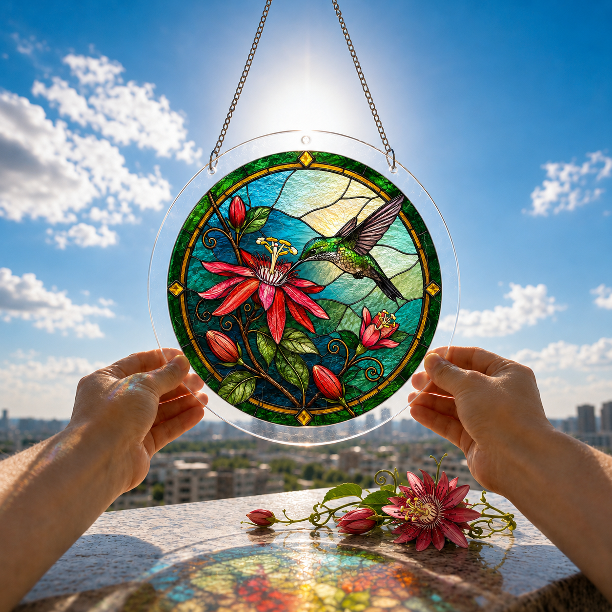 Hummingbird floral puzzle suncatcher held outdoors against a bright blue sky and garden background