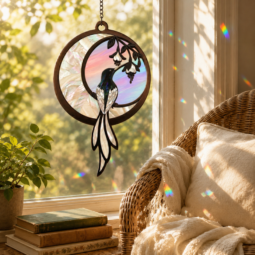 Decorative wall hanging with a bird design in a room with a window and books.