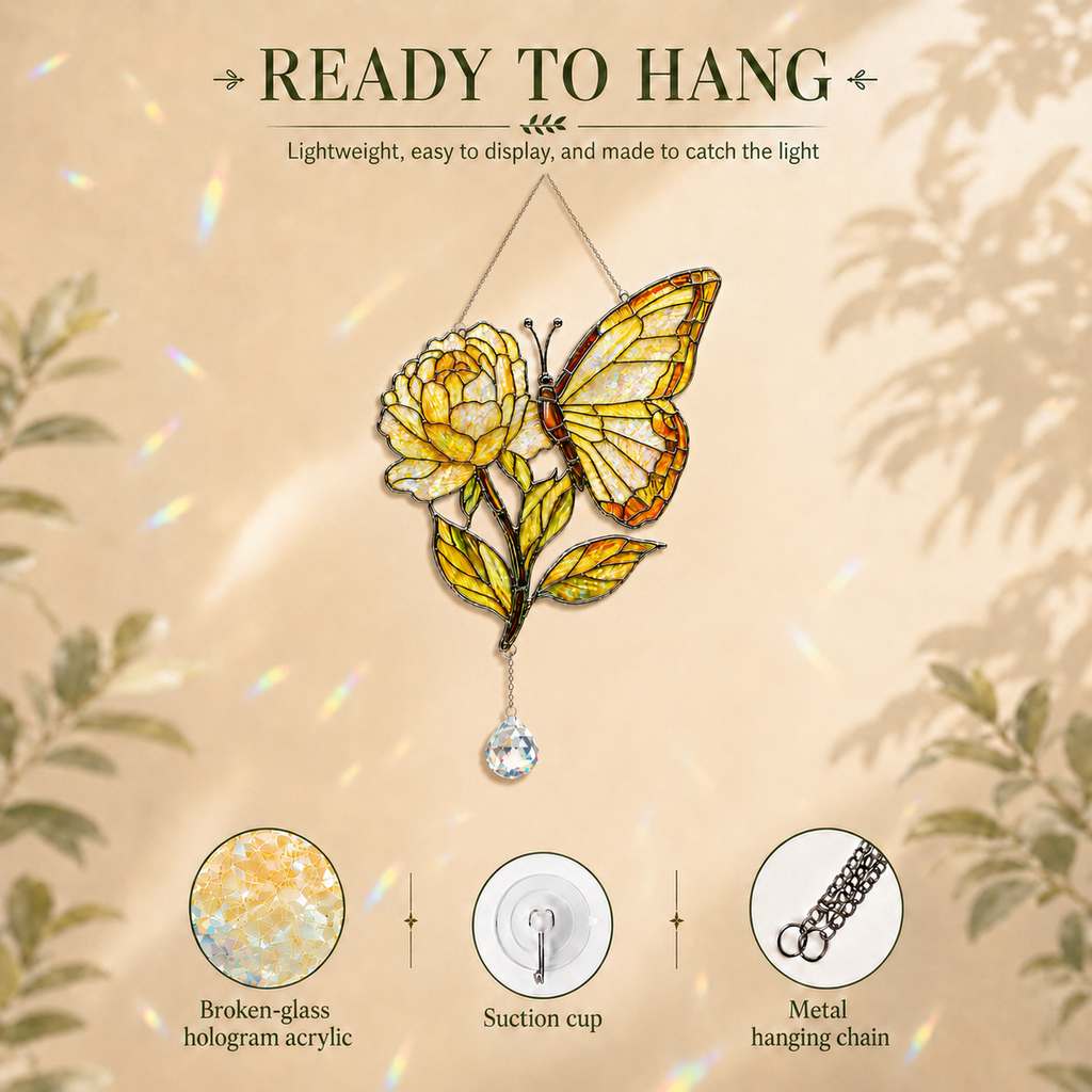 Ready to hang butterfly yellow rose acrylic suncatcher with suction cup, metal hanging chain, crystal prism, and broken-glass hologram finish