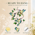 Hummingbird Leaf acrylic suncatcher hanging with included metal chain, shown with 4mm wavy acrylic and double-sided print details.