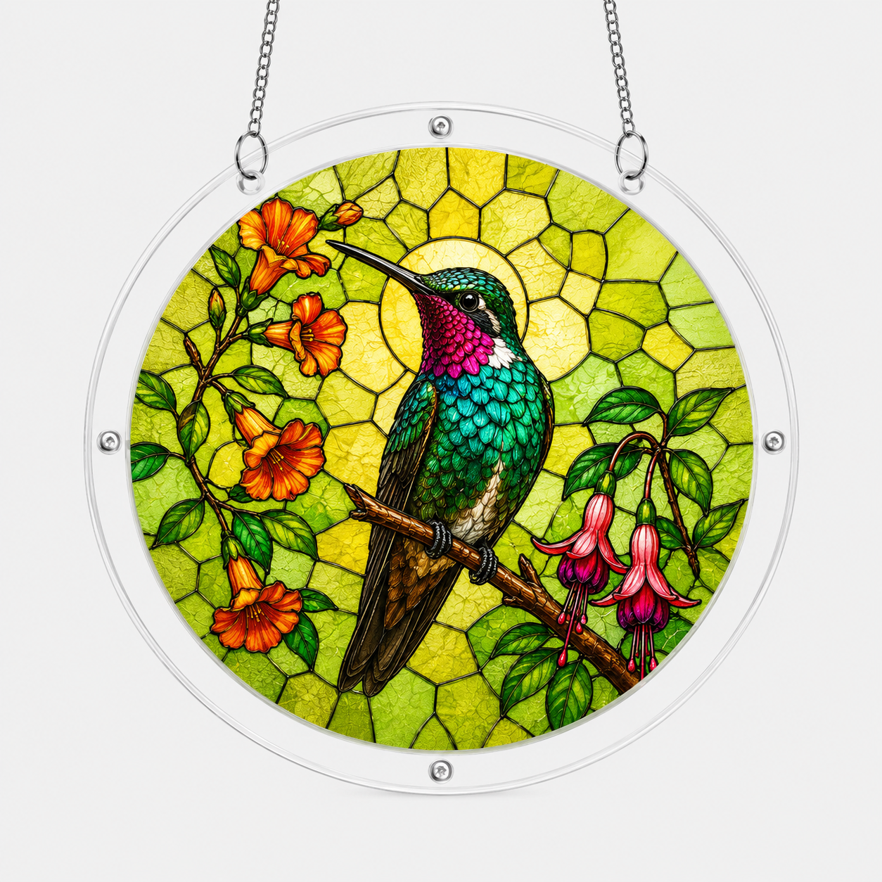 Round hummingbird bellflower puzzle suncatcher with metal chain on white background