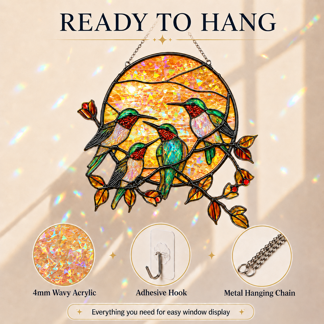 Hummingbird sun suncatcher ready to hang with 4mm wavy acrylic, adhesive hook, and metal hanging chain