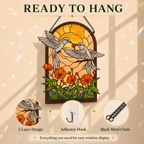 Stained glass wall art of two birds and flowers with text 'Ready to Hang' on a beige background.