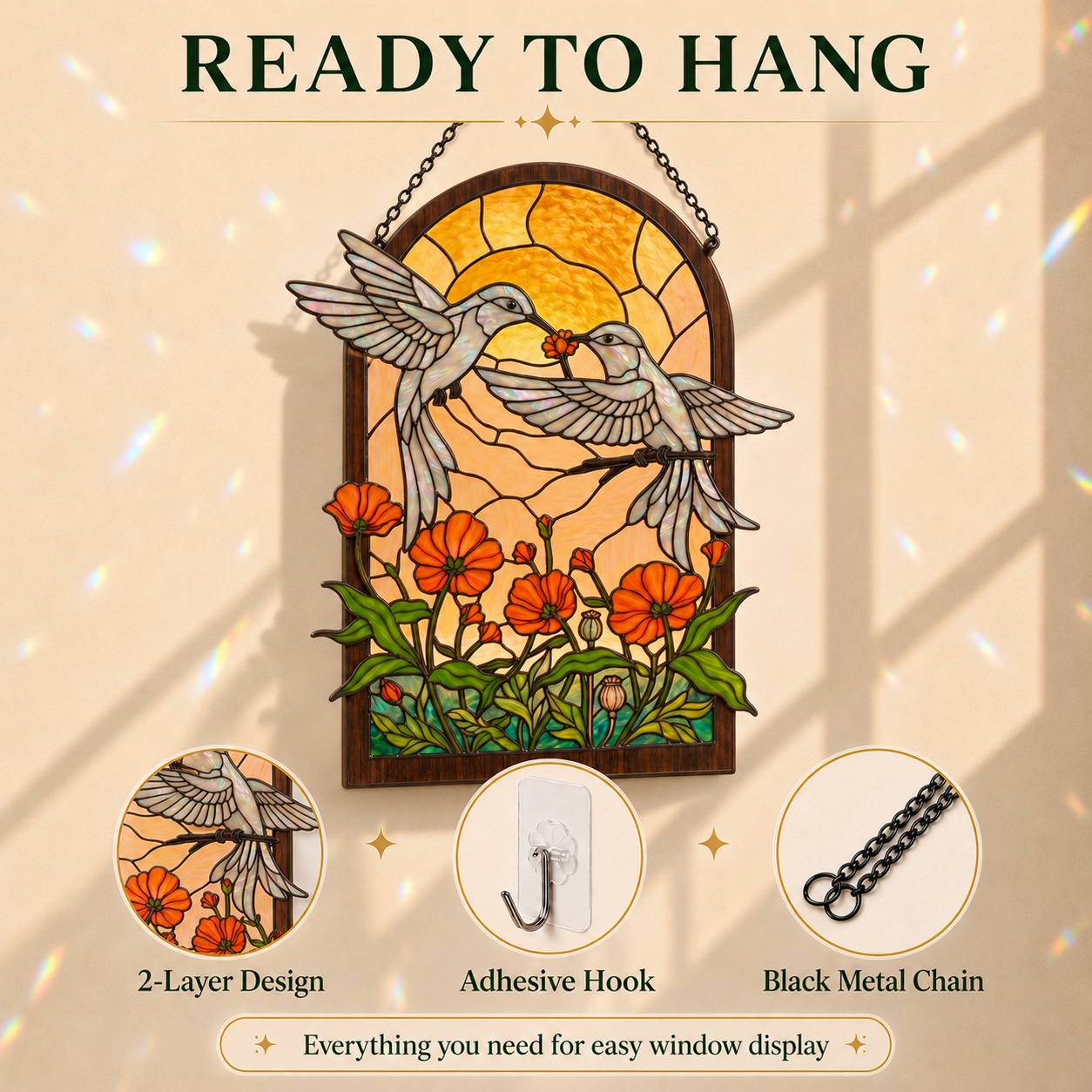Stained glass wall art of two birds and flowers with text 'Ready to Hang' on a beige background.