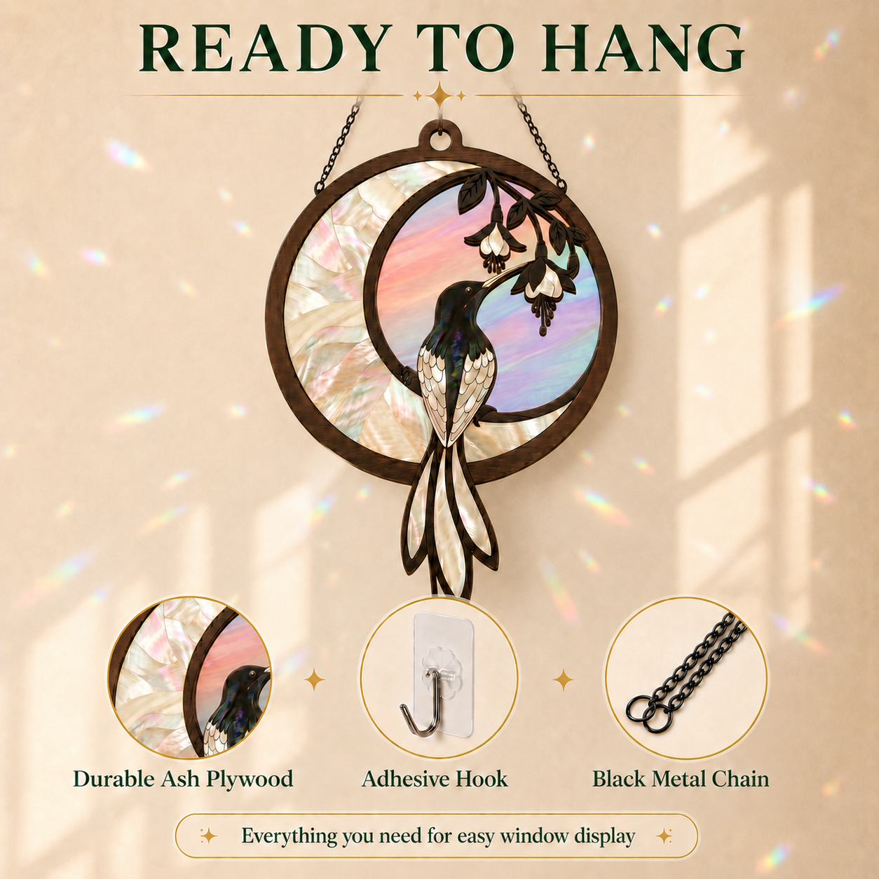 Decorative wall hanging with bird and floral design, featuring text 'Ready to Hang' on a beige background.