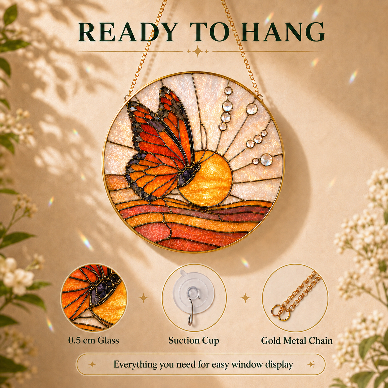 Decorative stained glass panel with butterfly design, featuring text 'Ready to Hang' on a beige background.