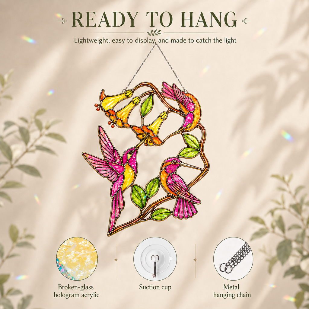 Hummingbirds & Trumpet Vine suncatcher infographic showing hanging chain, broken-glass holographic acrylic, and suction cup detail.