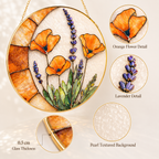 Decorative stained glass panel with orange flowers and lavender on a pearl textured background.