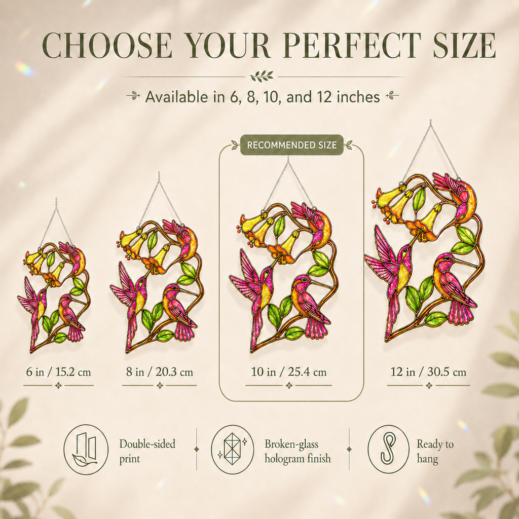 Product size chart for stained glass hummingbird designs with recommended size highlighted.