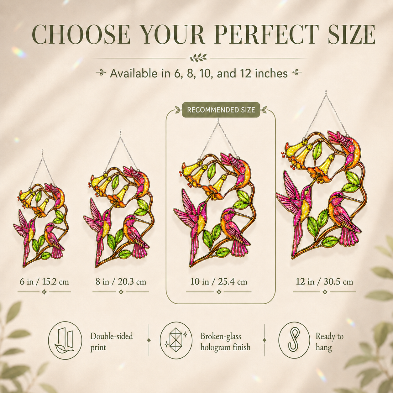 Product size chart for stained glass hummingbird designs with recommended size highlighted.