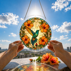 Orange hibiscus hummingbird acrylic puzzle suncatcher held outdoors against a bright blue sky and garden background.