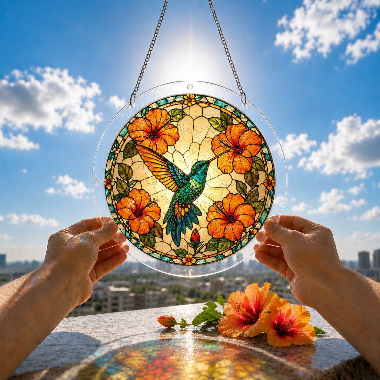 Orange hibiscus hummingbird acrylic puzzle suncatcher held outdoors against a bright blue sky and garden background.