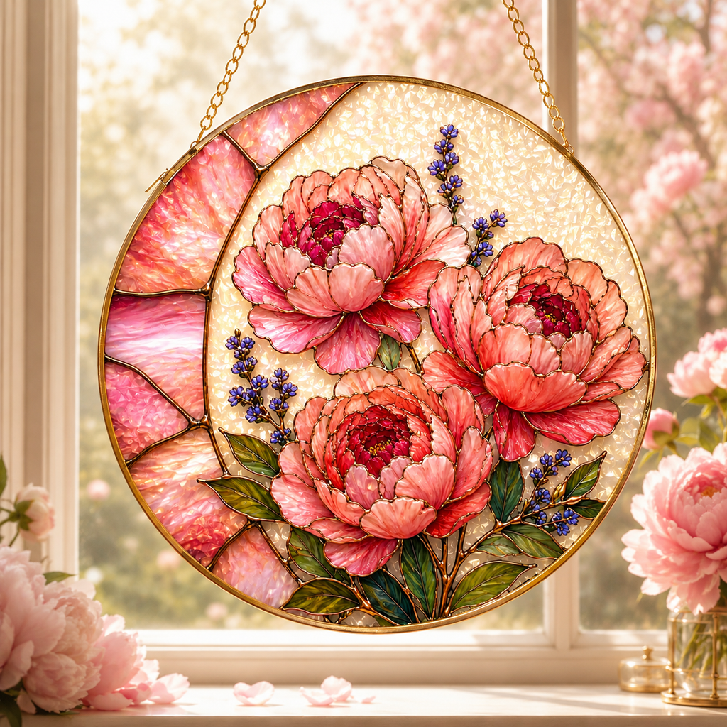 Round floral stained glass panel with pink peonies and green leaves, hanging in front of a window with pink flowers.