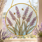 Round stained glass panel with lavender flowers and bees, hanging in front of a window.