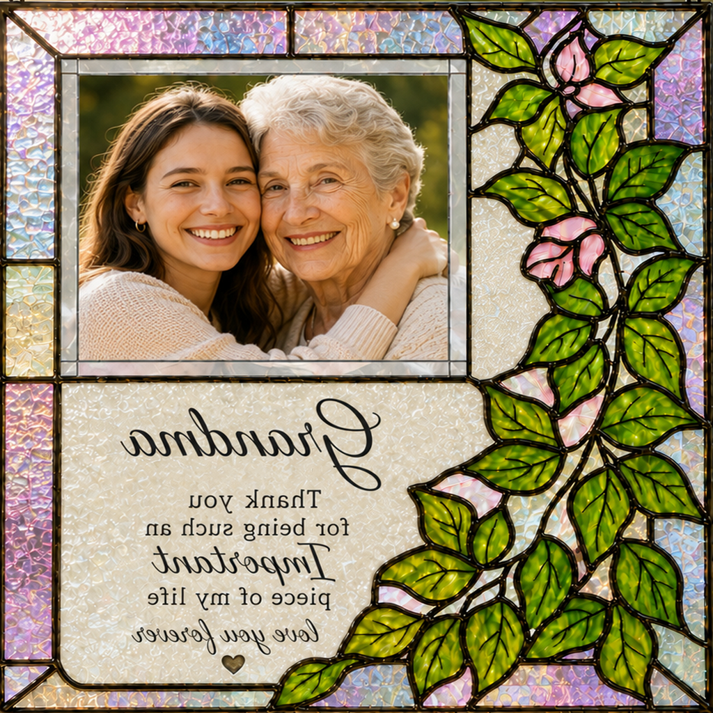 Personalized Grandma Photo Suncatcher – Thank You Grandma Floral Stained Glass Gift