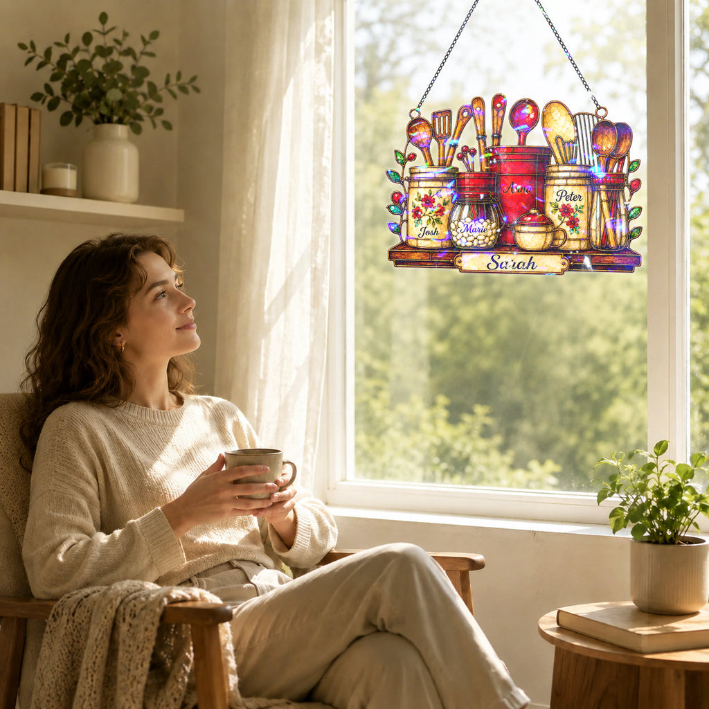 Personalized Kitchen Utensil Jars Holographic Acrylic Suncatcher