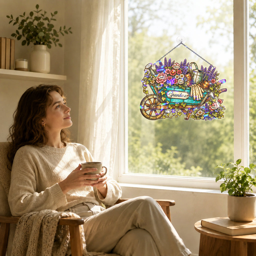 Personalized Grandma Garden Wheelbarrow Holographic Acrylic Suncatcher
