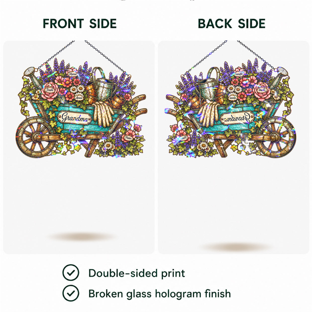 Personalized Grandma Garden Wheelbarrow Holographic Acrylic Suncatcher