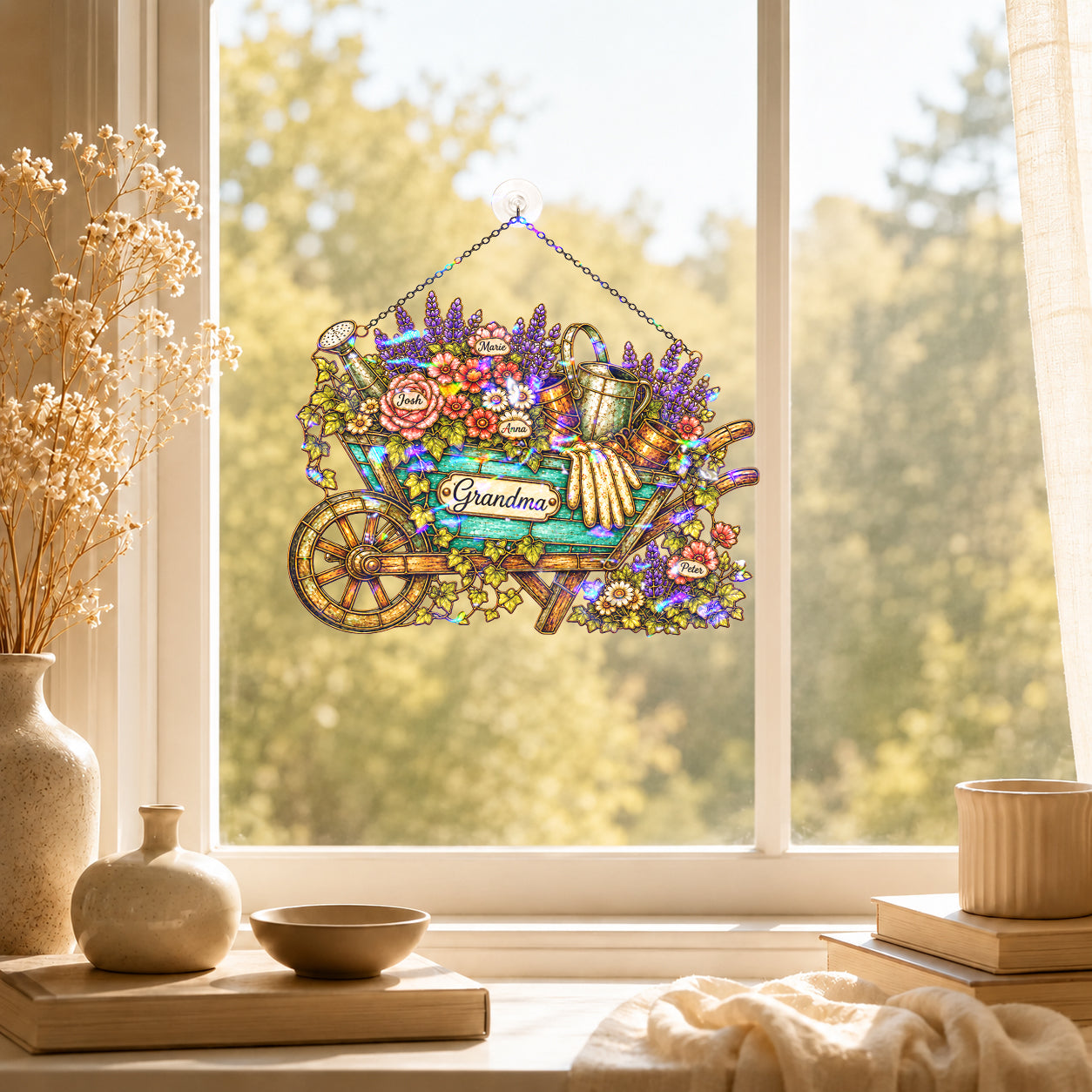 Personalized Grandma Garden Wheelbarrow Holographic Acrylic Suncatcher