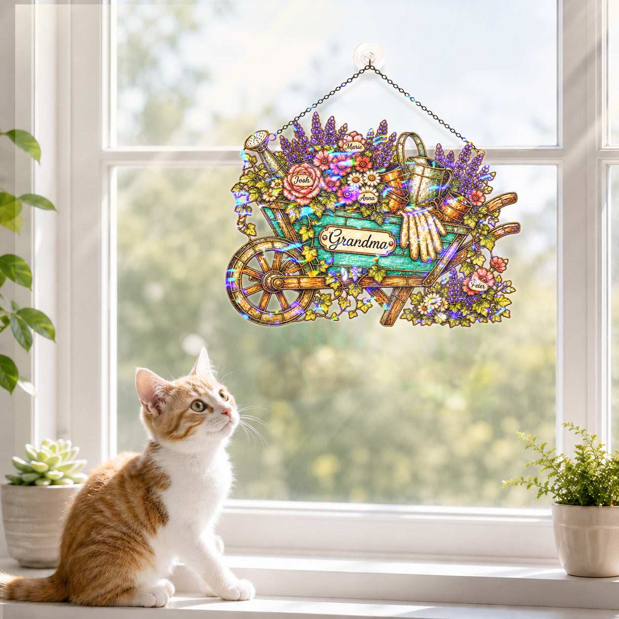 Personalized Grandma Garden Wheelbarrow Holographic Acrylic Suncatcher