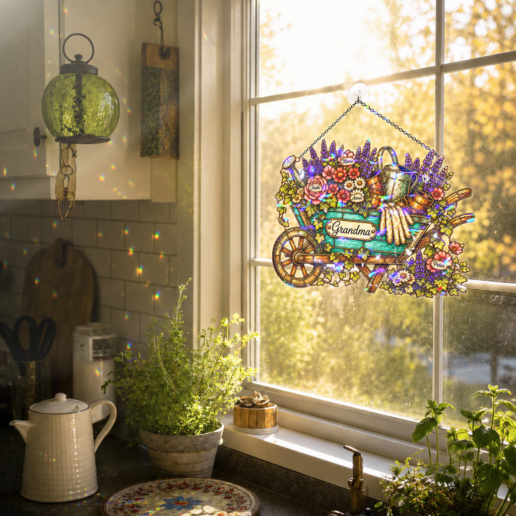 Personalized Grandma Garden Wheelbarrow Holographic Acrylic Suncatcher