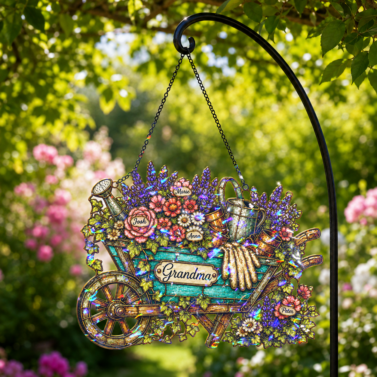 Personalized Grandma Garden Wheelbarrow Holographic Acrylic Suncatcher