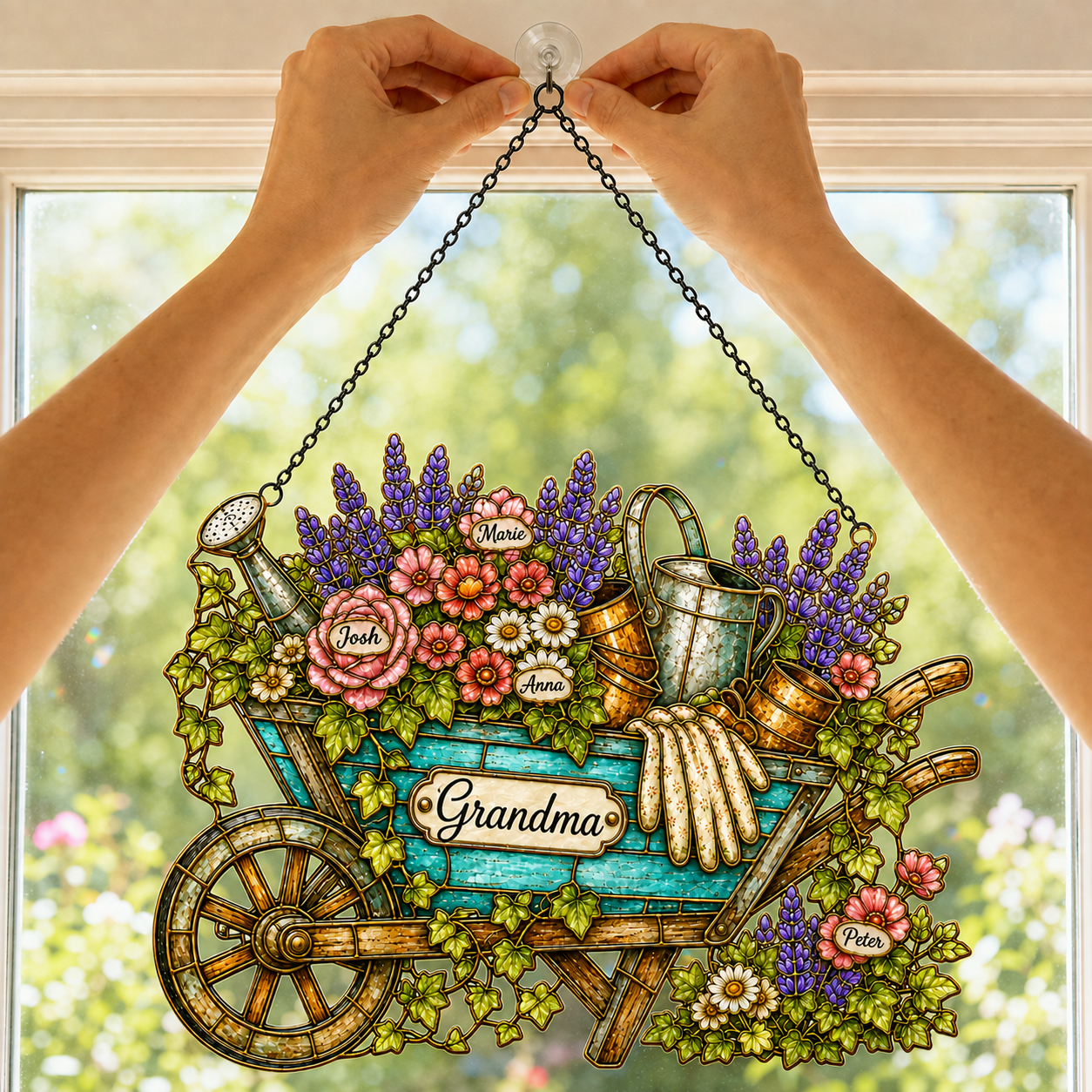 Personalized Grandma Garden Wheelbarrow Holographic Acrylic Suncatcher