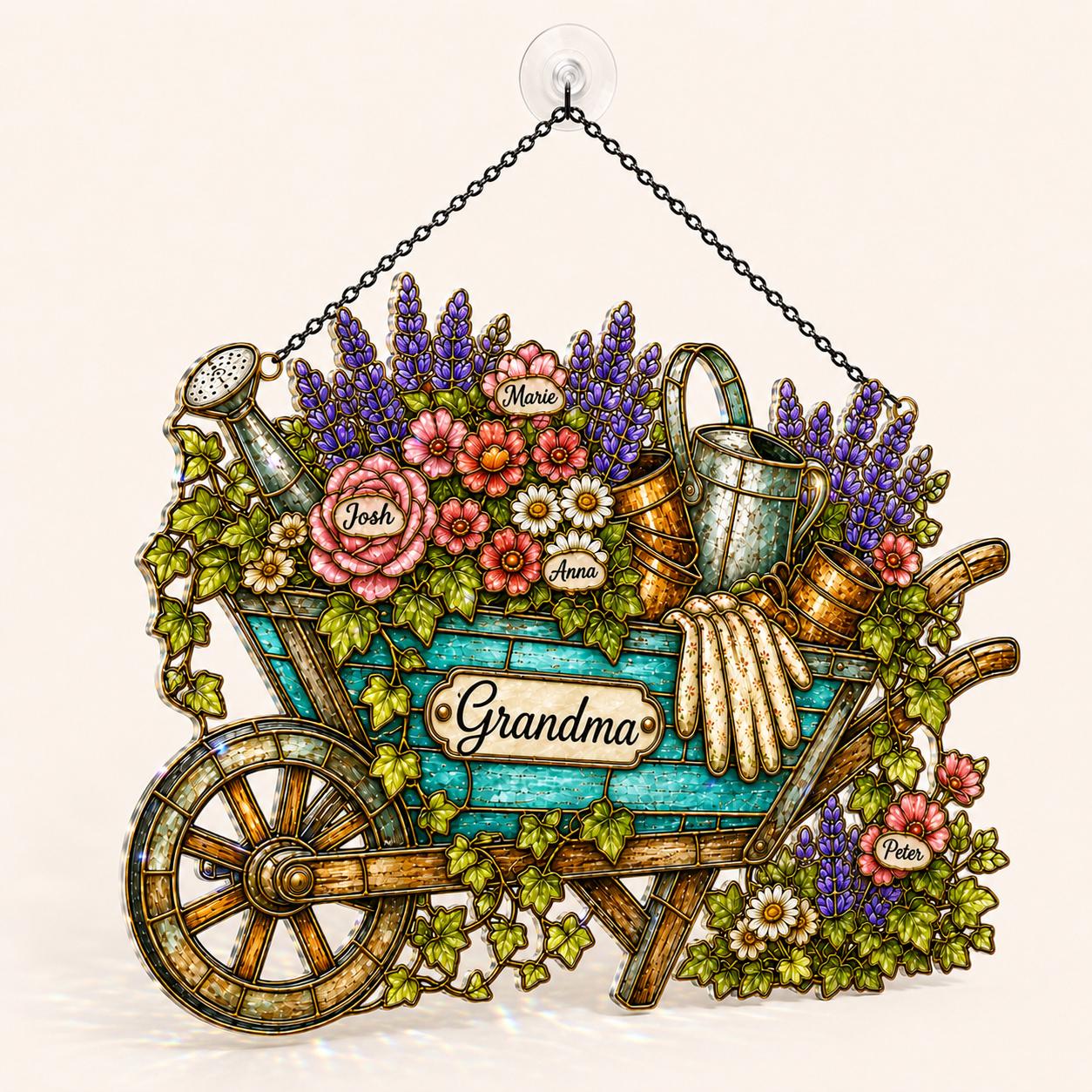 Personalized Grandma Garden Wheelbarrow Holographic Acrylic Suncatcher