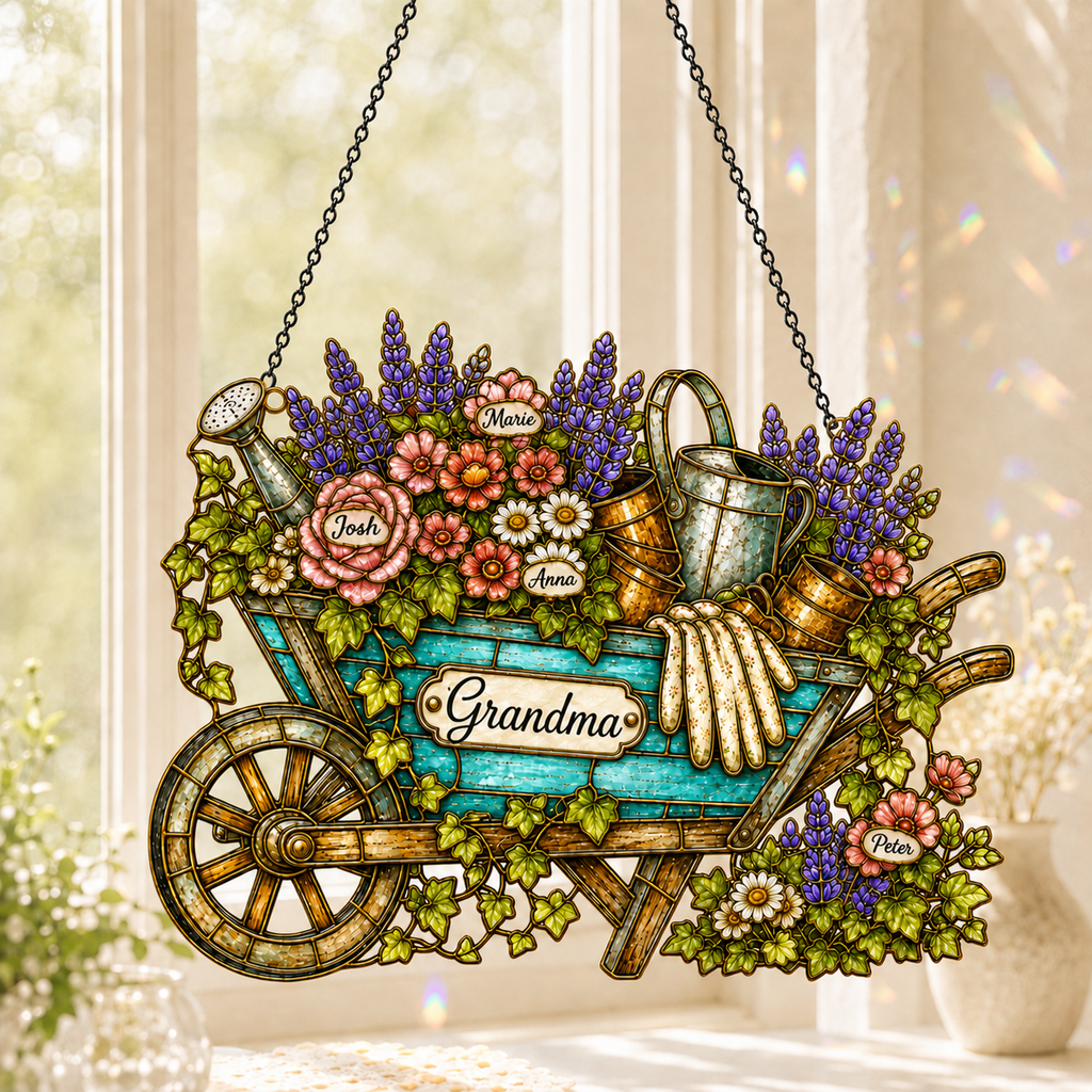 Personalized Grandma Garden Wheelbarrow Holographic Acrylic Suncatcher